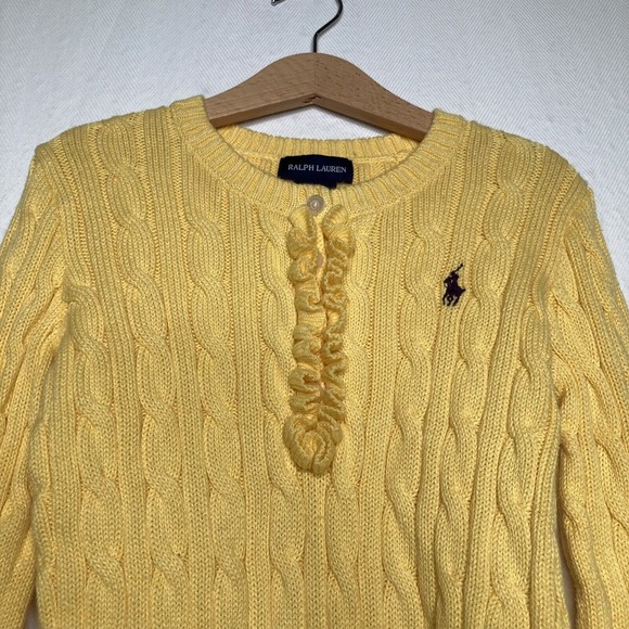 Ralph Lauren Size 7 Yellow Girls Cable Knit Sweater EUC Quarter Button Ruffle S - Picture 4 of 9